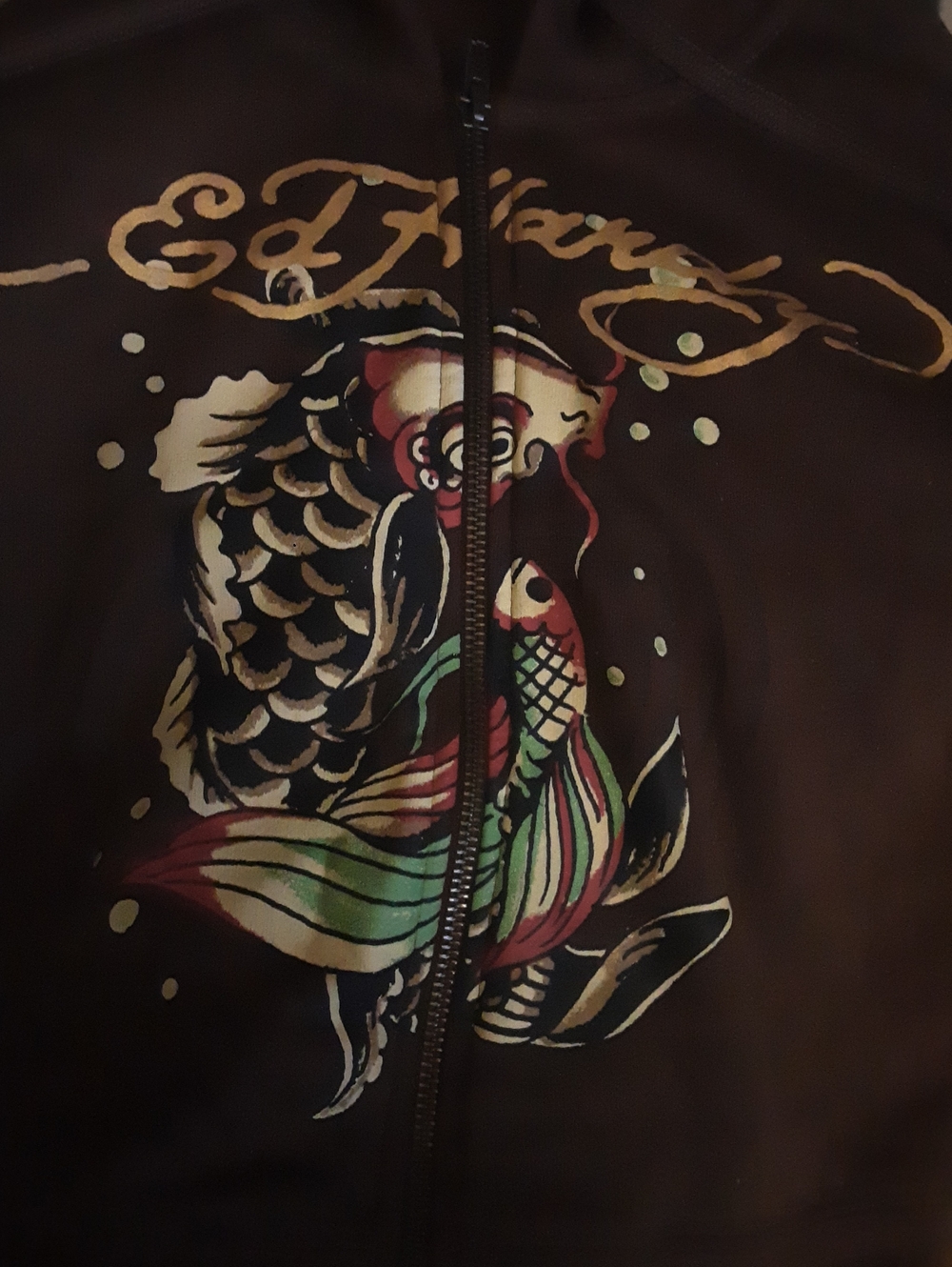 Ed Hardy Brown Hoodie with Multicolor Koi  Fish and Gold Script